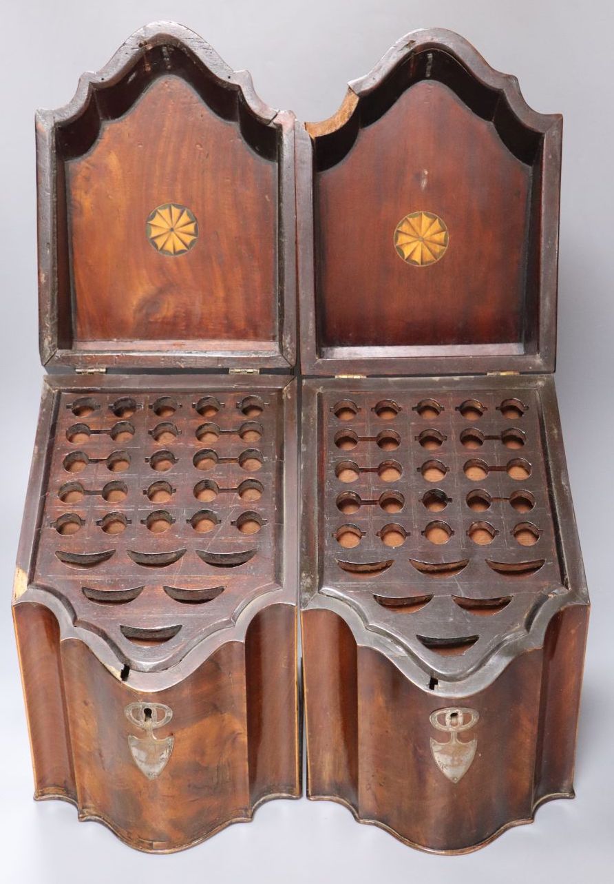 A pair of George III inlaid mahogany knife boxes with original interiors and Old Sheffield plate mounts, 21cm wide
